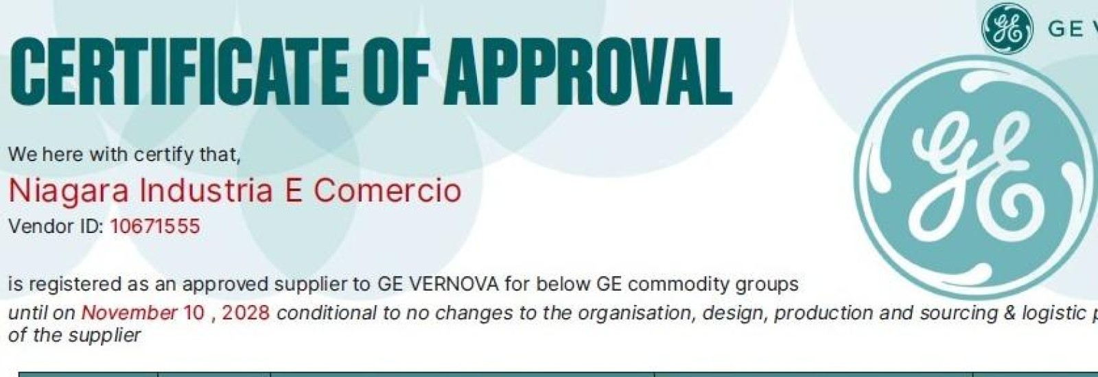 Qualidade Niagara confirmada por mais um Cliente !